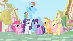 Size: 1280x720 | Tagged: safe, derpibooru import, screencap, applejack, fluttershy, pinkie pie, rainbow dash, rarity, twilight sparkle, unicorn twilight, earth pony, pegasus, pony, unicorn, mane six, opening, ponyville, theme song