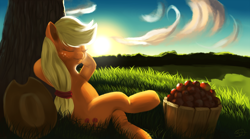 Size: 1800x1000 | Tagged: safe, artist:glukoloff, applejack, earth pony, pony, apple, grass, morning, nature, scenery, smiling, solo, sun, sunrise