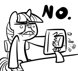 Size: 1100x1000 | Tagged: safe, artist:ocarina0ftimelord, derpibooru import, twilight sparkle, computer, monochrome, no, reaction image, screen punch
