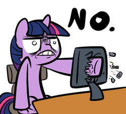 Size: 1100x1000 | Tagged: safe, artist:ocarina0ftimelord, derpibooru import, twilight sparkle, angry, artifact, computer, frown, glare, gritted teeth, no, punch, reaction image, screen punch, solo, violence, wide eyes