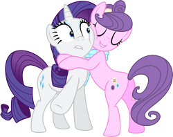 Size: 5058x4000 | Tagged: safe, artist:jeatz-axl, rarity, suri polomare, earth pony, pony, unicorn, rarity takes manehattan, confused, female, hug, mare, no sense of personal space, simple background, smiling, surprised, transparent background