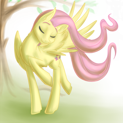 Size: 900x900 | Tagged: safe, artist:countaile, fluttershy, pegasus, pony, eyes closed, prancing, smiling, solo, tree, windswept mane