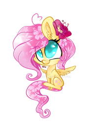 Size: 1024x1165 | Tagged: safe, artist:ulkuchi, fluttershy, pegasus, pony, chibi, cute, flower, simple background, solo