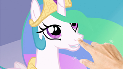 Size: 642x359 | Tagged: safe, edit, edited screencap, screencap, princess celestia, alicorn, human, pony, boop, boop edit, bronybait, crystal empire, cute, cutelestia, female, hand, mare, meta