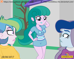 Size: 1134x908 | Tagged: safe, artist:conikiblasu-fan, mistmane, princess celestia, princess luna, principal celestia, vice principal luna, campfire tales, equestria girls, arm behind head, breasts, cleavage, clothes, dress, equestria girls-ified, patreon, patreon logo, short dress