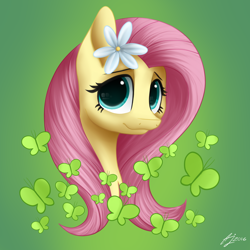 Size: 1600x1600 | Tagged: safe, artist:luminousdazzle, fluttershy, pegasus, pony, female, flower, flower in hair, looking at you, mare, pink mane, solo, yellow coat