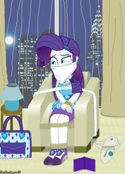 Size: 755x1057 | Tagged: safe, artist:robukun, rarity, better together, equestria girls, bag, bondage, book, chair, gag, lamp, rope, rope bondage, solo, tied up