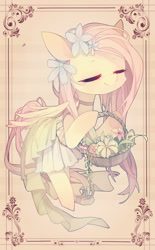 Size: 1080x1746 | Tagged: safe, artist:dieyue233, fluttershy, pegasus, pony, basket, clothes, dress, eyes closed, flower, flower in hair, solo