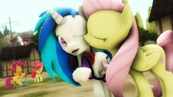 Size: 1920x1080 | Tagged: safe, artist:shadamyfan4evers, apple bloom, dj pon-3, fluttershy, pinkie pie, scootaloo, vinyl scratch, earth pony, pegasus, pony, unicorn, 3d, building, crack shipping, female, headphones, kiss on the cheek, kissing, lesbian, scooter, shipping, source filmmaker, sunglasses, telephone pole, vinylshy, waterfall