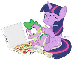 Size: 1100x898 | Tagged: safe, artist:dm29, derpibooru import, spike, twilight sparkle, twilight sparkle (alicorn), alicorn, dragon, pony, duo, female, mare, pizza, pun, simple background, transparent background