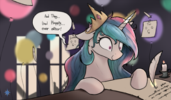 Size: 1161x679 | Tagged: dead source, safe, artist:noctilucent-arts, princess celestia, alicorn, pony, bad end, balloon, candle, dialogue, female, fire, floppy ears, immortality blues, insanity, levitation, magic, mare, messy mane, paper, quill, shrunken pupils, snaplestia, solo, speech bubble, telekinesis