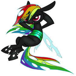 Size: 420x420 | Tagged: safe, derpibooru import, rainbow dash, changeling, changelingified, crossed legs, half changeling, hooves behind head, simple background, solo, species swap, transparent background