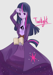 Size: 2480x3507 | Tagged: safe, artist:fanfan, derpibooru import, twilight sparkle, human, book, clothes, horned humanization, humanized, long skirt, pixiv, pony coloring, simple background, skirt, solo, tailed humanization