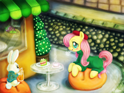 Size: 2000x1500 | Tagged: safe, artist:telimbo, angel bunny, fluttershy, pegasus, pony, cafe, cake, clothes, food, juice, paris, sweater, sweatershy