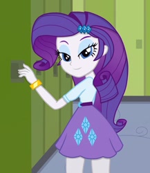 Size: 833x958 | Tagged: safe, artist:tabrony23, rarity, human, equestria girls, beautiful, beautisexy, bedroom eyes, belt, bracelet, clothes, female, hairpin, jewelry, lidded eyes, lockers, looking at you, sexy, skirt, smiling, smirk, solo, stupid sexy rarity