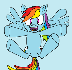 Size: 735x711 | Tagged: safe, artist:logan jones, derpibooru import, edit, rainbow dash, pegasus, pony, both cutie marks, crippled, cute, dashabetes, featureless crotch, female, fixed, flying, happy, hooves out, open mouth, sky, smiling