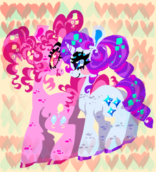 Size: 688x759 | Tagged: safe, artist:njeekyo, pinkie pie, rarity, earth pony, pony, unicorn, alternate hairstyle, female, lesbian, ponytail, raripie, shipping