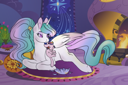 Size: 1024x683 | Tagged: safe, artist:uniquecolorchaos, princess celestia, oc, oc:ambrosia, alicorn, hybrid, pony, eggshell, female, interspecies offspring, male, momlestia, mother and child, mother and daughter, mouth hold, offspring, parent and child, parent:discord, parent:princess celestia, parents:dislestia, prone, shipping, straight