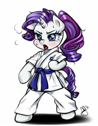 Size: 390x500 | Tagged: safe, artist:pia-sama, rarity, anthro, unguligrade anthro, unicorn, arm hooves, bipedal, blue belt, blushing, clothes, female, gi, karate, mare, martial artist rarity, martial arts, open mouth, robe, signature, simple background, solo, sweat, trousers, white background