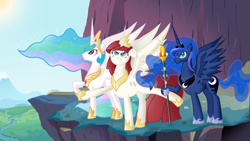 Size: 2400x1350 | Tagged: safe, artist:zsparkonequus, princess celestia, princess luna, oc, oc:fausticorn, alicorn, pony, alicorn oc, cliff, female, jewelry, looking at something, mare, necklace, regalia, royal sisters, staff