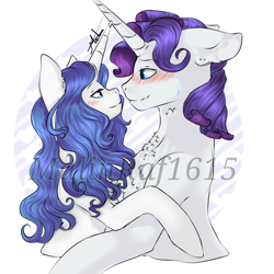 Size: 768x768 | Tagged: safe, artist:malinraf1615, elusive, fancy skirt, fancypants, rarity, pony, unicorn, blushing, chest fluff, ears back, elusiveskirt, eye contact, female, looking at each other, male, mare, nervous, obtrusive watermark, raripants, rule 63, shipping, smiling, smiling at each other, stallion, straight, sweat, sweatdrop, watermark