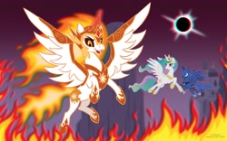 Size: 1280x800 | Tagged: safe, artist:tim-kangaroo, daybreaker, princess celestia, princess luna, alicorn, pony, 3d, canterlot, eclipse, female, fire, mare, solar eclipse