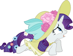 Size: 5306x4100 | Tagged: safe, artist:scrimpeh, rarity, pony, unicorn, sweet and elite, absurd resolution, clothes, female, flower, flower in tail, full body, hat, mare, prone, simple background, solo, transparent background, vector