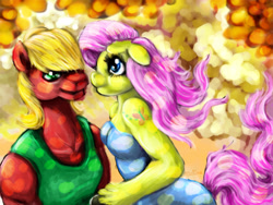 Size: 1000x750 | Tagged: safe, artist:telimbo, big macintosh, fluttershy, anthro, clothes, dress, female, fluttermac, male, shipping, straight