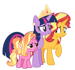 Size: 6400x6018 | Tagged: safe, artist:emeraldblast63, luster dawn, sunset shimmer, twilight sparkle, twilight sparkle (alicorn), alicorn, pony, unicorn, the last problem, female, filly, filly luster dawn, implied magical lesbian spawn, mare, simple background, transparent background, younger