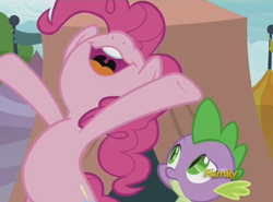 Size: 646x477 | Tagged: safe, screencap, pinkie pie, spike, dragon, earth pony, pony, newbie dash, discovery family logo, nose in the air, open mouth, volumetric mouth