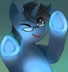 Size: 827x865 | Tagged: safe, artist:loxy, derpibooru import, oc, oc only, oc:tinker doo, against glass, glass, glasses, hooves, male, one eye closed, solo, underhoof, wink, ych result