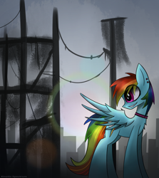 Size: 1780x2000 | Tagged: safe, artist:kinetic-spectrum, derpibooru import, rainbow dash, pegasus, pony, building, female, mare, smiling, solo, spread wings, wings