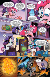 Size: 900x1384 | Tagged: safe, artist:andypriceart, idw, cookie crumbles, pinkie pie, rarity, sweetie belle, earth pony, pony, unicorn, spoiler:comic, spoiler:comic42, book, chemistry, comic, explosion, female, filly, fire, foal, glowing horn, horn, i want to believe, lab goggles, levitation, magic, magic aura, mare, my tiny gecko, official comic, preview, pyro belle, shaved tail, speech bubble, sweetie bald, sweetie belle's magic brings a great big smile, sweetie fail, sweetiedumb, teddy bear, telekinesis, the x files, thermodynamics, this ended in explosions, young frankenstein