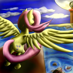 Size: 2880x2880 | Tagged: safe, artist:swiftriff, fluttershy, pegasus, pony, cliff, lighthouse, night, ocean, solo