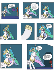 Size: 3120x4160 | Tagged: safe, artist:supahdonarudo, philomena, princess celestia, oc, oc:ironyoshi, alicorn, pony, comic, crying, depressedia, exclamation point, implied princess luna, magic, meta, naughty nautical neighbors, night, quill, sad, senpai, smiley face, spongebob squarepants, telekinesis