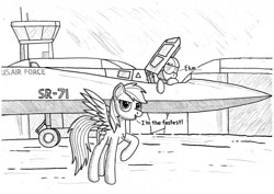 Size: 1280x907 | Tagged: safe, artist:zocidem, derpibooru import, rainbow dash, pegasus, pony, aircraft, airport, blackbird, drawing, monochrome, shading, sketch, sr-71 blackbird, technology, traditional art