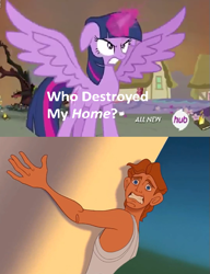 Size: 425x553 | Tagged: safe, derpibooru import, screencap, twilight sparkle, twilight sparkle (alicorn), alicorn, pony, twilight's kingdom, all new, disney, exploitable meme, female, hercules, hub logo, mare, meme, who destroyed twilight's home