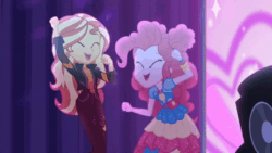 Size: 520x293 | Tagged: safe, screencap, pinkie pie, sunset shimmer, equestria girls, equestria girls series, sunset's backstage pass!, spoiler:eqg series (season 2), animated, clothes, cute, dancing, diapinkes, geode of empathy, geode of sugar bombs, gif, jacket, magical geodes, music festival outfit, scrunchie, shimmerbetes