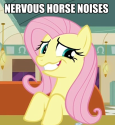 Size: 415x452 | Tagged: safe, fluttershy, pegasus, pony, the saddle row review, descriptive noise, horse noises, meme, nervous laugh, solo