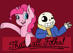 Size: 1024x742 | Tagged: safe, artist:solosketcher, pinkie pie, earth pony, pony, fourth wall, looney tunes, open mouth, raised hoof, sans (undertale), sans pie, simple background, skeleton, smiling, that's all folks, undertale, wink