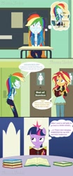 Size: 1920x4608 | Tagged: safe, artist:phantomshadow051, rainbow dash, sunset shimmer, twilight sparkle, pony, better together, equestria girls, apple cider, bathroom, bottle, comic, crossed legs, desperation, need to pee, omorashi, out of order, potty dance, potty emergency, potty time, request, text, thought bubble, updated