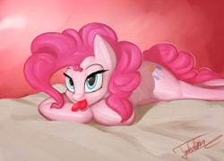 Size: 1250x900 | Tagged: safe, artist:elzzombie, pinkie pie, earth pony, pony, bedroom eyes, cute, diapinkes, female, heart, lying down, mare, mouth hold, prone, signature, solo, sploot