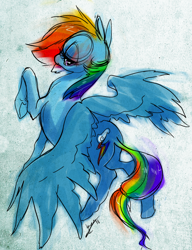 Size: 1158x1507 | Tagged: safe, artist:opalacorn, derpibooru import, rainbow dash, pegasus, pony, female, mare, raised hoof, solo, spread wings, wings