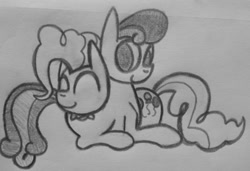 Size: 1102x754 | Tagged: safe, artist:poorlydrawnpony, bon bon, pinkie pie, sweetie drops, earth pony, pony, bonpie, female, lesbian, monochrome, shipping, snuggling, traditional art