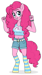 Size: 525x932 | Tagged: safe, artist:unoriginai, pinkie pie, anthro, unguligrade anthro, belly button, belt, clothes, cute, cutie mark, midriff, short shirt, shorts, simple background, solo, transparent background, unbuttoned