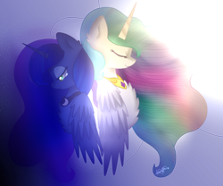 Size: 1024x853 | Tagged: safe, artist:anasflow, princess celestia, princess luna, alicorn, pony, back to back, bust, chest fluff, duo, eyes closed, portrait, royal sisters, smiling