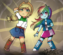 Size: 429x378 | Tagged: safe, artist:kalad_loiyisok, derpibooru import, applejack, rainbow dash, equestria girls, arm behind head, duo, female, pixiv, signature, smiling