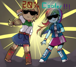 Size: 429x378 | Tagged: safe, artist:kalad_loiyisok, derpibooru import, applejack, rainbow dash, equestria girls, 20% cooler, arm behind head, duo, epic, female, pixiv, smiling, sunglasses