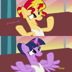 Size: 1080x1080 | Tagged: safe, artist:manips.mlp, edit, edited screencap, screencap, sunset shimmer, twilight sparkle, twilight sparkle (alicorn), alicorn, pony, unicorn, a royal problem, ballerina, clothes, duo, eyelashes, female, mare, open mouth, shimmerina, shrug, tutu, twilarina, underhoof