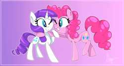 Size: 800x424 | Tagged: safe, artist:siggie740, pinkie pie, rarity, earth pony, pony, unicorn, female, grin, hug, lesbian, raripie, shipping